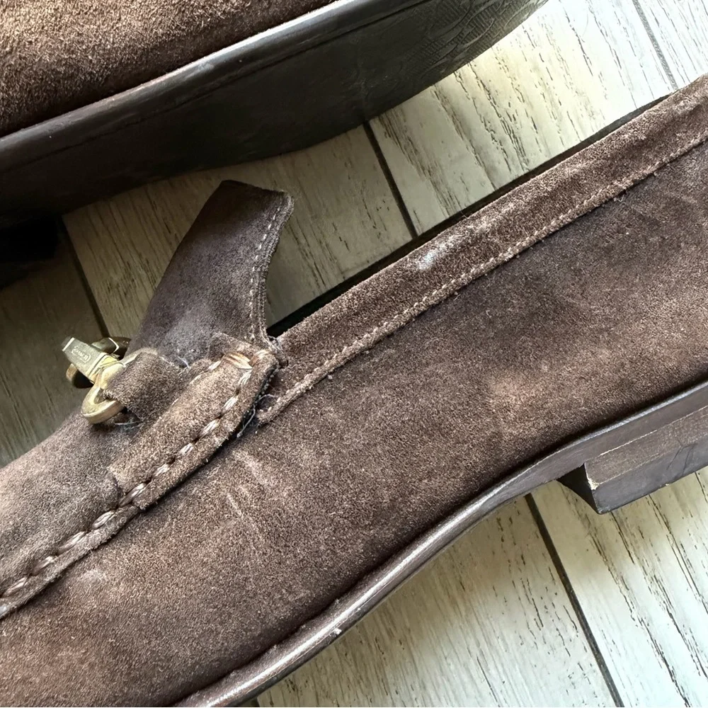 Coach Dark Brown Suede Loafers with Gold Accent - Picture 10 of 12
